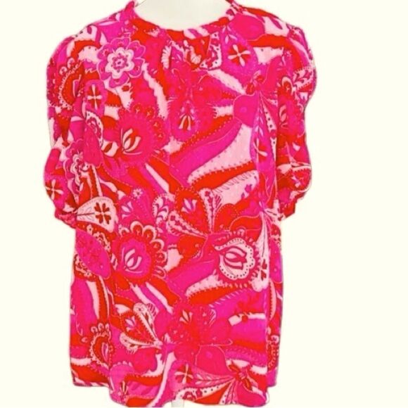 Rachel Zoe pink & white polyester lined top,  stand up pleated collar size XL. - Picture 1 of 8